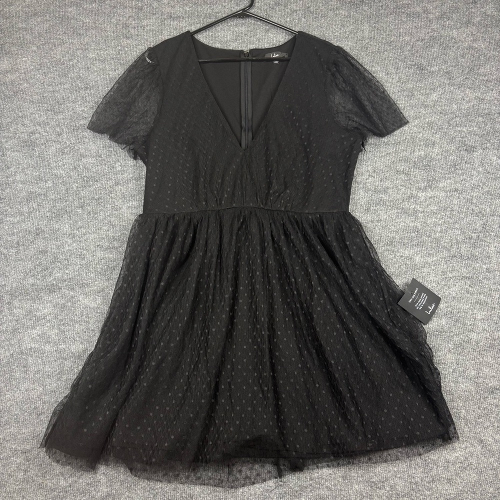 Lulus Black Swiss Dot Babydoll Mini Dress XL Sheer Sleeves